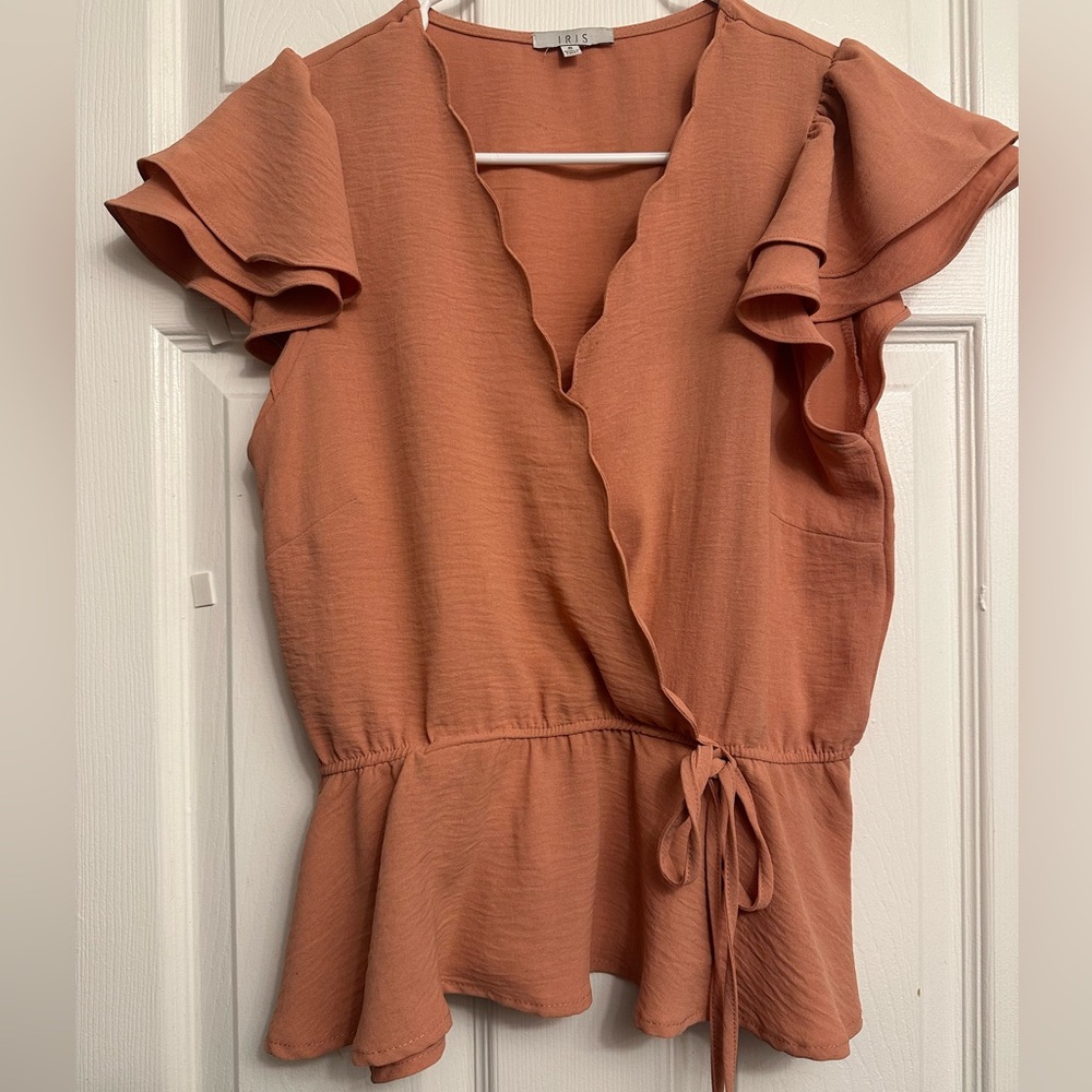 Iris Orange and Pink Flutter Sleeve Wrap Blouse